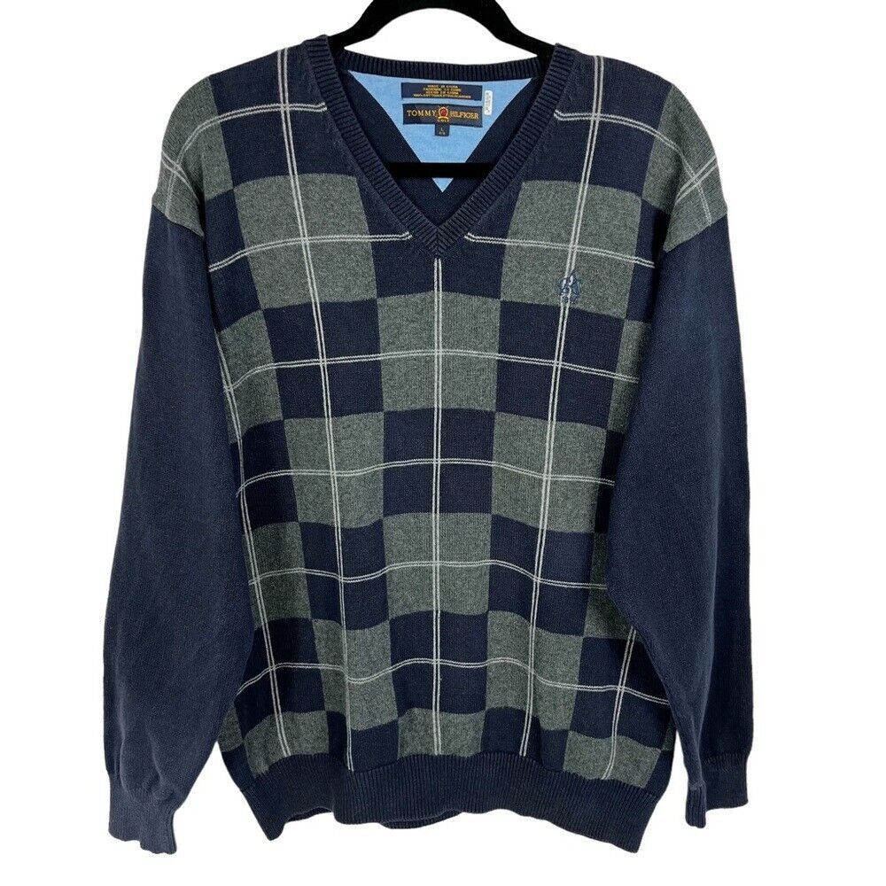 Tommy Hilfiger Golf Navy Argyle V-Neck 100% Cotton Pullover Sweater Men’s Large